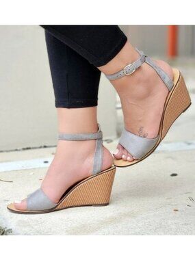 Grey Suede Wedge Sandals Women’s Buckle Closure Shoes